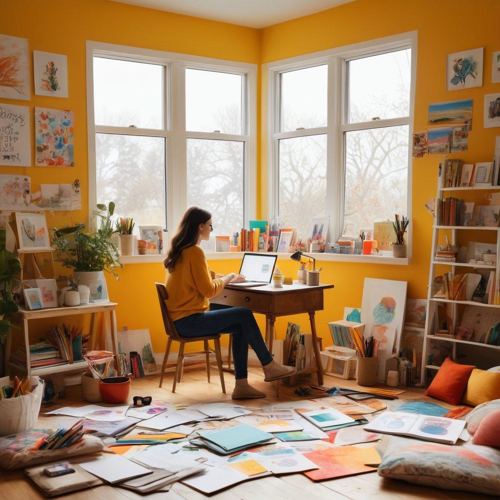 A visually captivating scene depicting a blogger sitting in a cozy, well-lit space filled with colorful art supplies, sketches, and a laptop, passionately creating a visual story. In the background, vibrant images and illustrations are pinned on a mood board, reflecting the art of storytelling. Natural light pours in from a window, enhancing the creative atmosphere. whimsical style. vibrant colors. 3D effect.