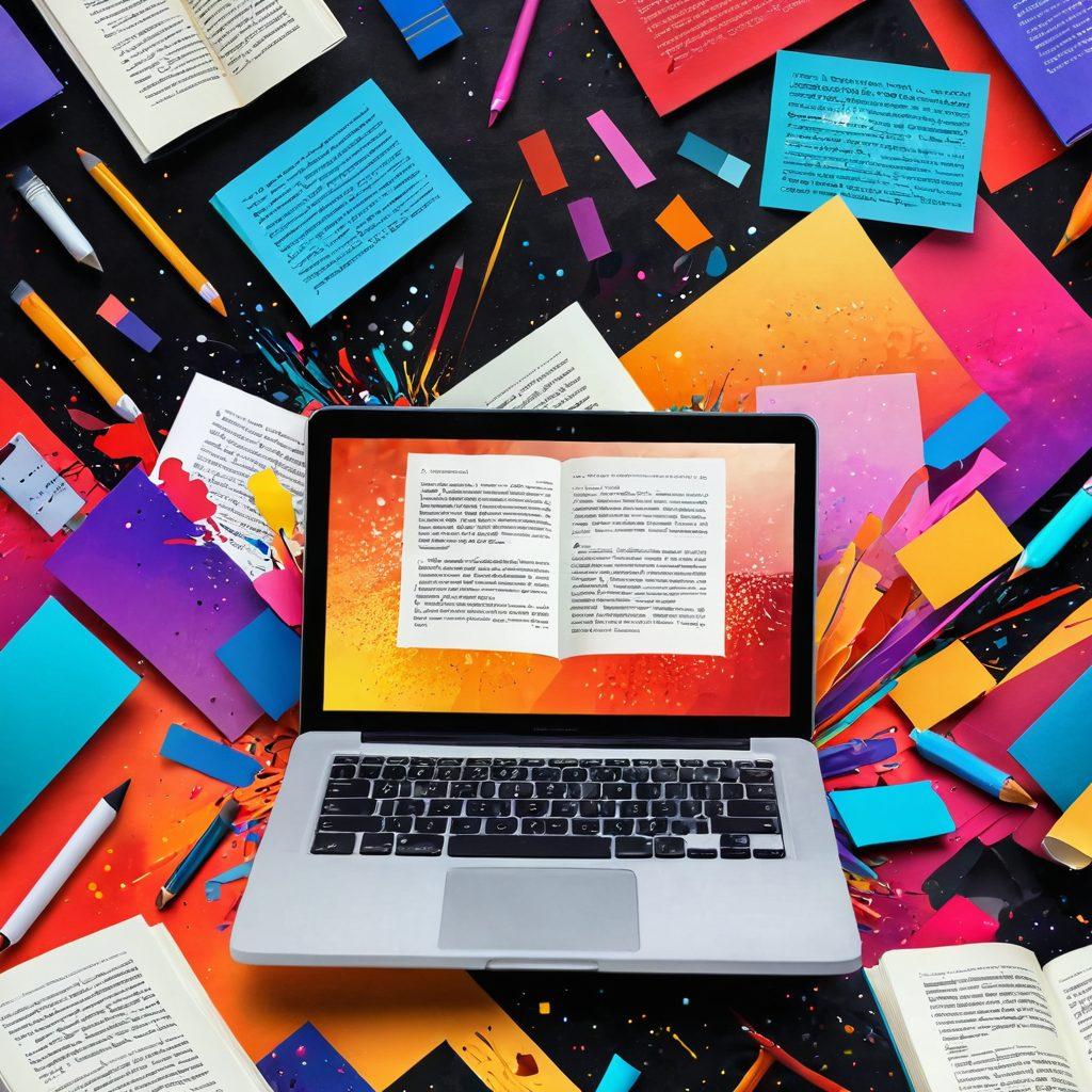 A vibrant digital collage depicting a seamless transition from pixelated images to beautifully designed book pages, symbolizing the journey of creative expression in blogging. Incorporate elements like colorful brush strokes, laptop with glowing screen, and various artistic tools scattered around, all merging harmoniously. The background should have a gradient of warm colors to evoke passion and creativity. super-realistic. vibrant colors. 3D.